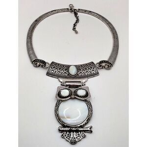 Statement Owl Silver Tone Chunky Faux Abalone Shell Collar Necklace